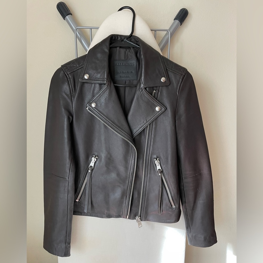 Allsaints Dalby Biker Leather Jacket in Dark Pebble Womens size 4 EUC